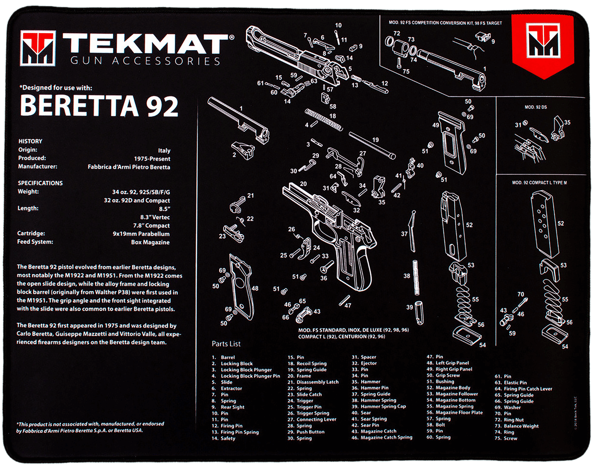 TekMat TEKR20BER92 Beretta 92 Ultra 20 Cleaning Mat Black/White Rubber 15" x 20"
