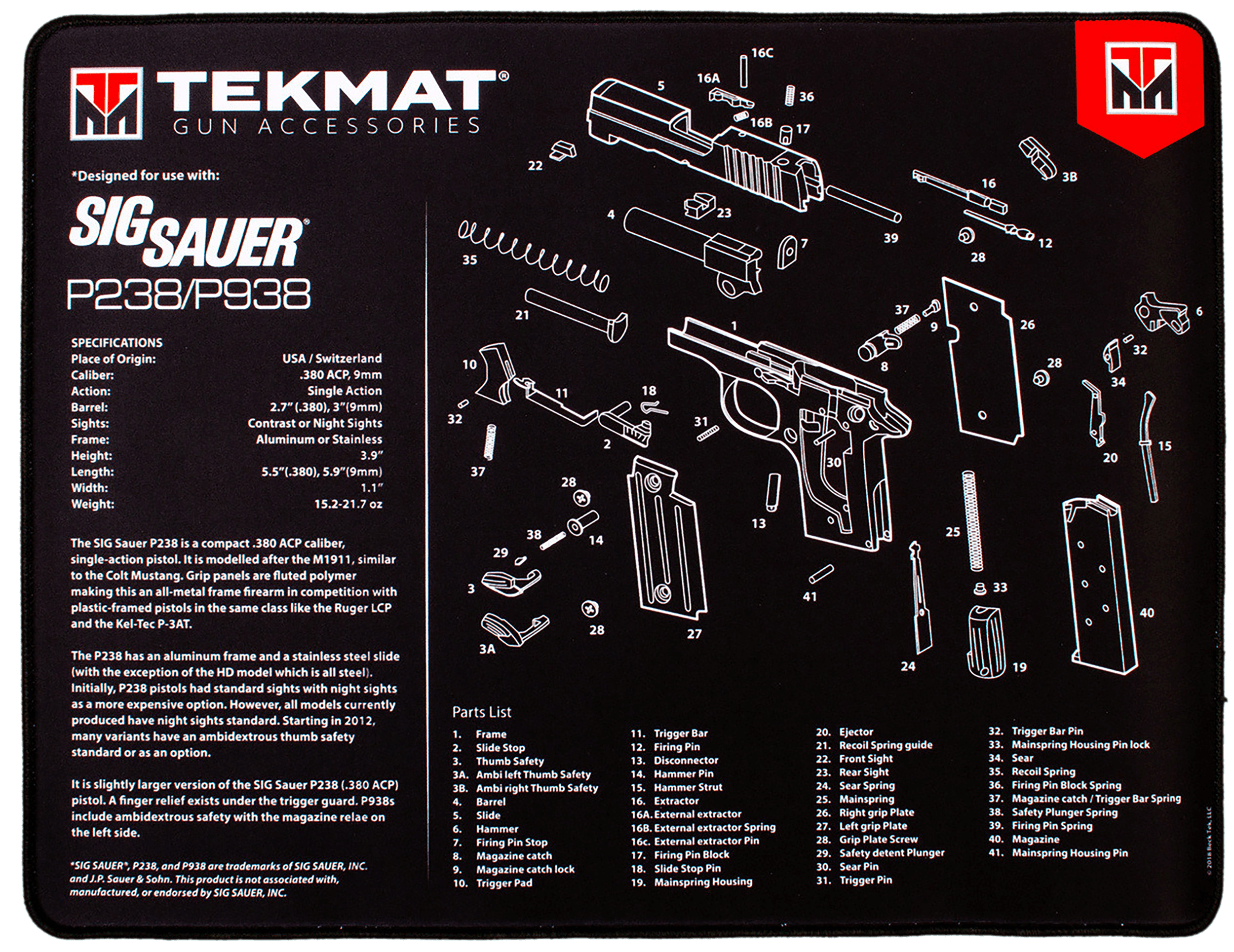 TekMat TEKR20SIGP238 Sig Sauer P238 Ultra 20 Cleaning Mat Black/White Rubber 15" x 20"