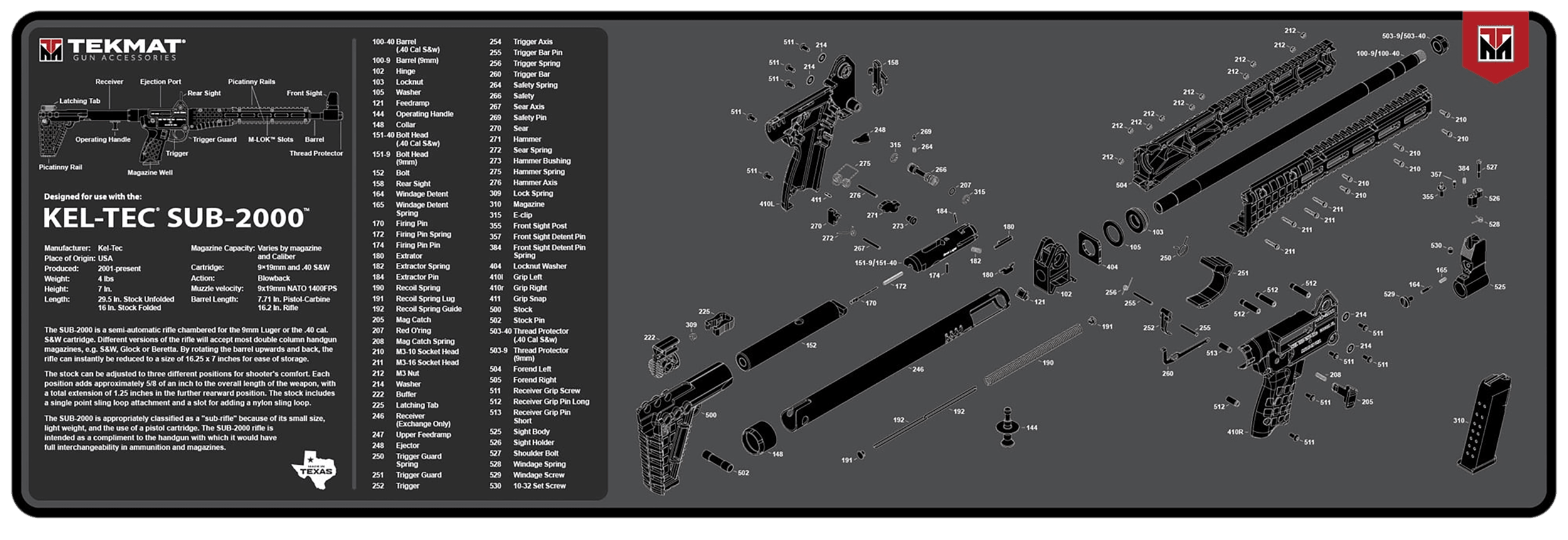 TekMat TEKR36KELSUB2 Kel-Tec SUB2000 Cleaning Mat Black/White Rubber 12" x 36"