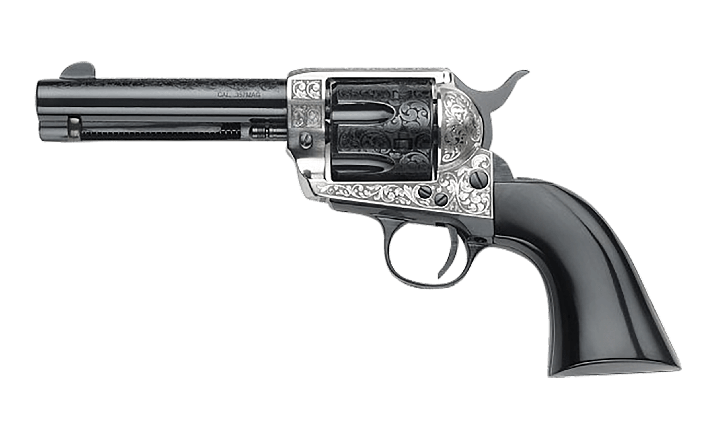 Pietta GW357GR434NMUB 1873 Great Western II Gambler's Royale 357 Mag 6 Shot 4.75" Ultra Black Steel Barrel Ultra Black Engraved Cylinder Old Silver Engraved Steel Frame Black Wood Grip Exposed Hammer