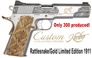 Cnc Firearms CNCRATTLER Kimber 1911 Rattler Sports South Exclusive 45 ACP Stainless Barrel  Stainless w/Gold Plating Steel Engraved/Serrated Slide & Frame w/Beavertail  Genuine Snakeskin Grip