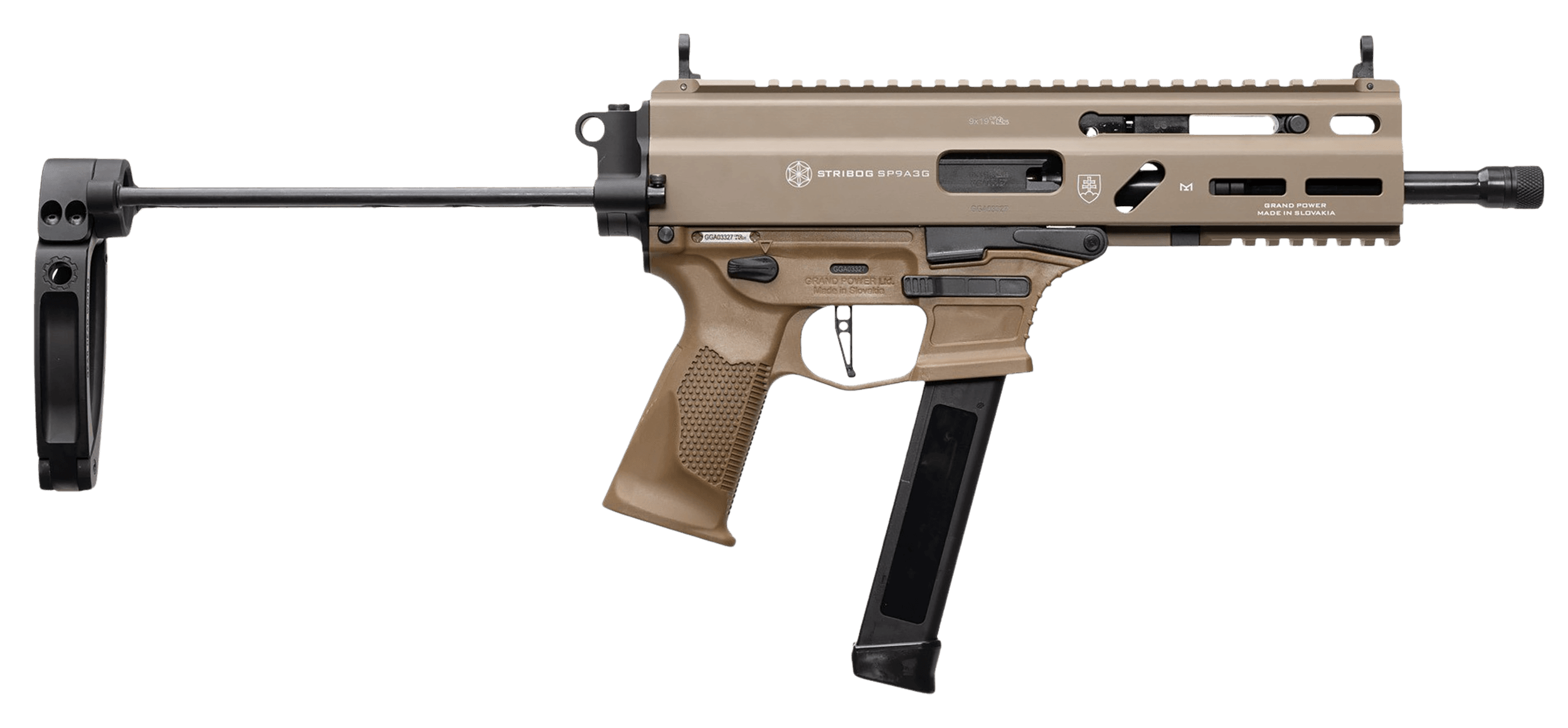 Grand Power 197892030007 SP9A3G Stribog 9mm Luger 33+1 8" Black Threaded Barrel M-LOK Handguard Flat Dark Earth Aluminum/Polymer Receiver w/Picatinny Rail Black Polymer PDW Tailhook Brace Black Polymer Grip Ambidextrous