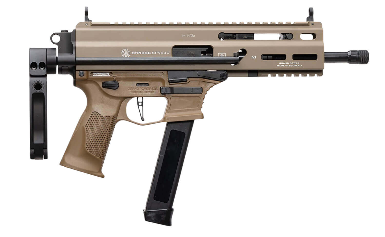 Grand Power 197892030007 SP9A3G Stribog 9mm Luger 33+1 8" Black Threaded Barrel M-LOK Handguard Flat Dark Earth Aluminum/Polymer Receiver w/Picatinny Rail Black Polymer PDW Tailhook Brace Black Polymer Grip Ambidextrous - Image 2
