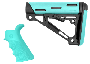 Hogue 13455 OverMolded 2-Piece Kit Collapsible Aqua OverMolded Rubber Black & Aqua Rubber Grip for AR15  M16 with Commercial Tube (Tube Not Included)