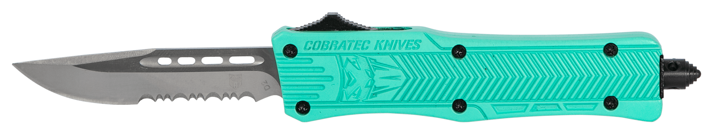 CobraTec Knives STFCTK1SDS CTK-1 Small 2.75" OTF Drop Point Part Serrated D2 Steel Blade/ Tiffany Blue Aluminum Handle Features Glass Breaker Includes Pocket Clip