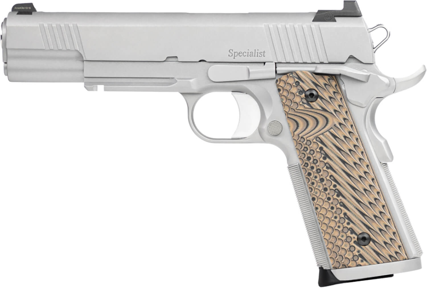 Dan Wesson 01802 Specialist 45 ACP 8+1 5" Stainless Steel Barrel Bead Blasted Serrated Stainless Steel Slide Frame w/Beavertail & Picatinny Rail Black/Brown G10 Grip Ambidextrous - Image 2