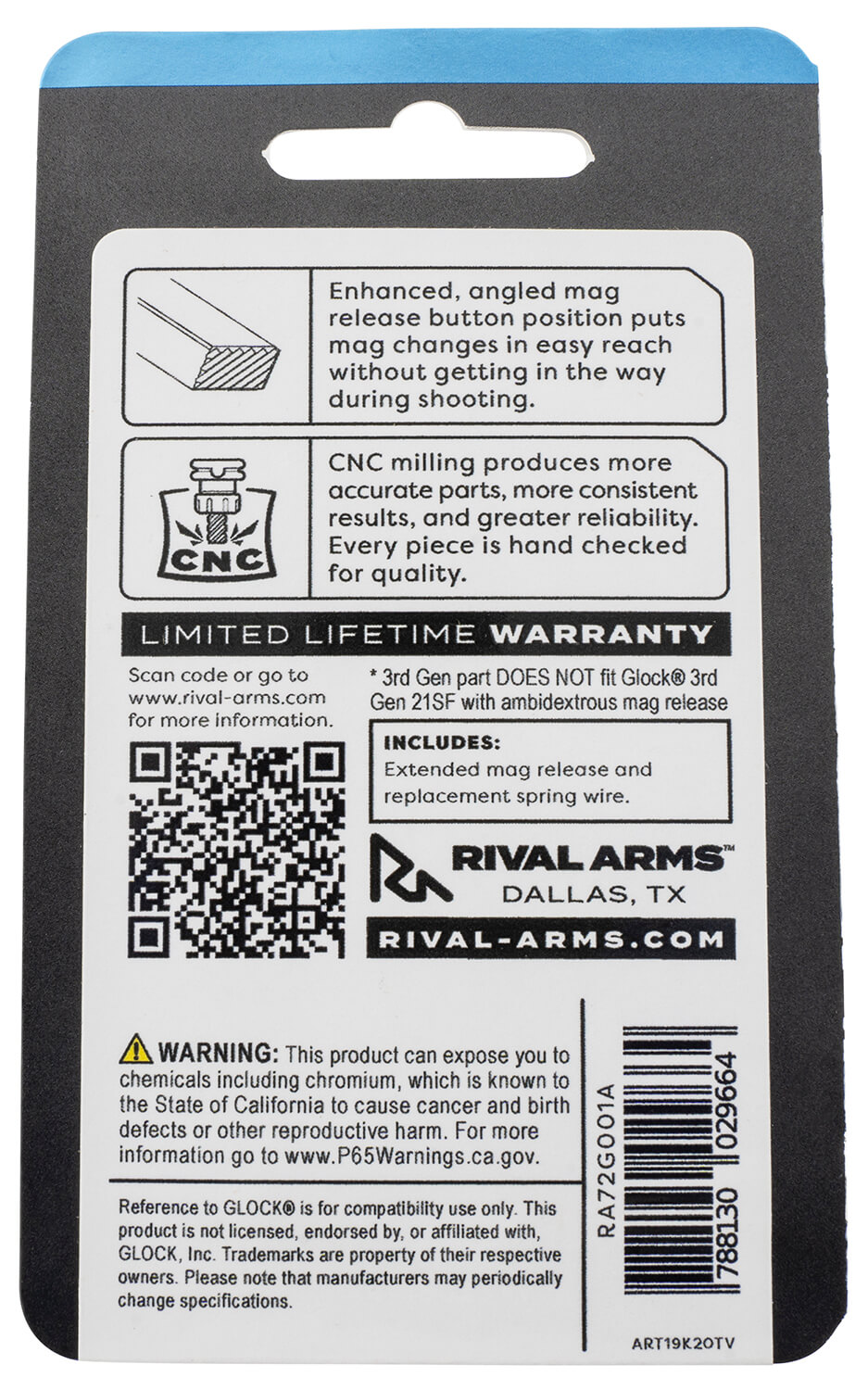 Rival Arms RA72G001A Magazine Release Compatible w/Glock Gen3 (Except 21SF) Extended Black Anodized Aluminum - Image 2