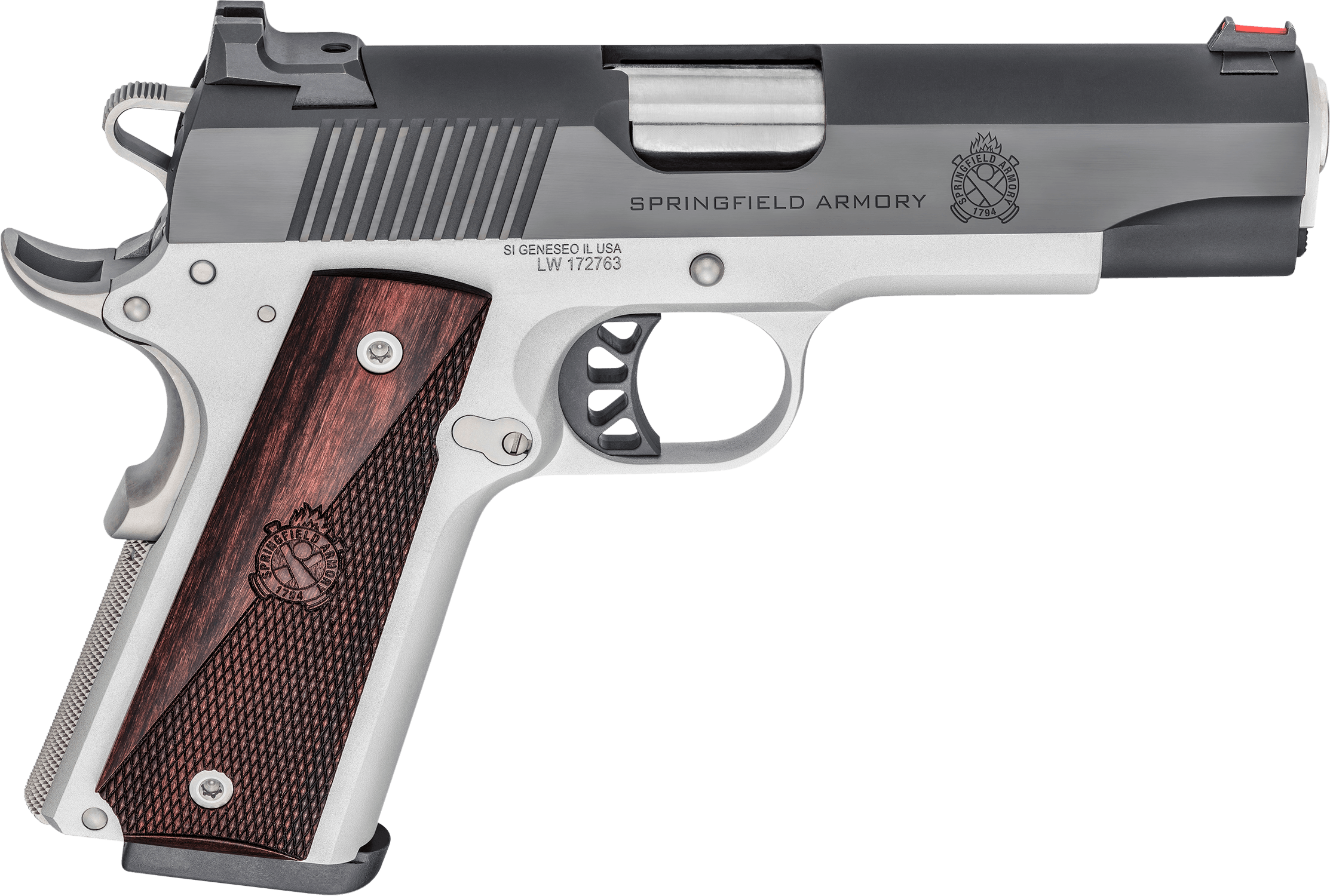 Springfield Armory PX9118L 1911 Ronin 45 ACP 8+1 4.25" Stainless Match Grade Steel Barrel Salt Blued Serrated Carbon Steel Slide Satin Cerakote Aluminum Frame w/Beavertail Crossed Cannon Wood Grip