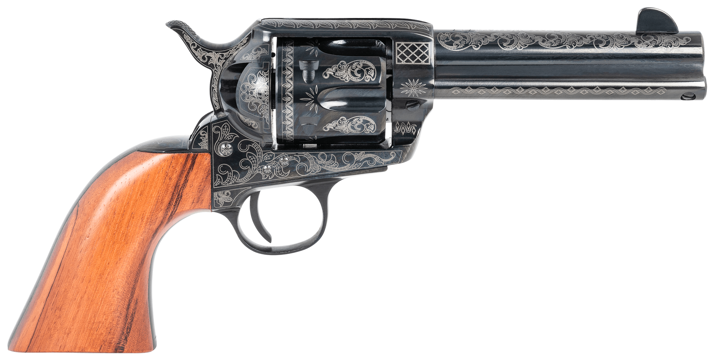 Pietta HF45LLE434NMBW 1873 Great Western II GunStuff Exclusive 45 Colt (Long Colt) 6rd 4.75" Blued Engraved Steel Barrel & Cylinder Blued Engraved Steel Frame Walnut Grip Exposed Hammer