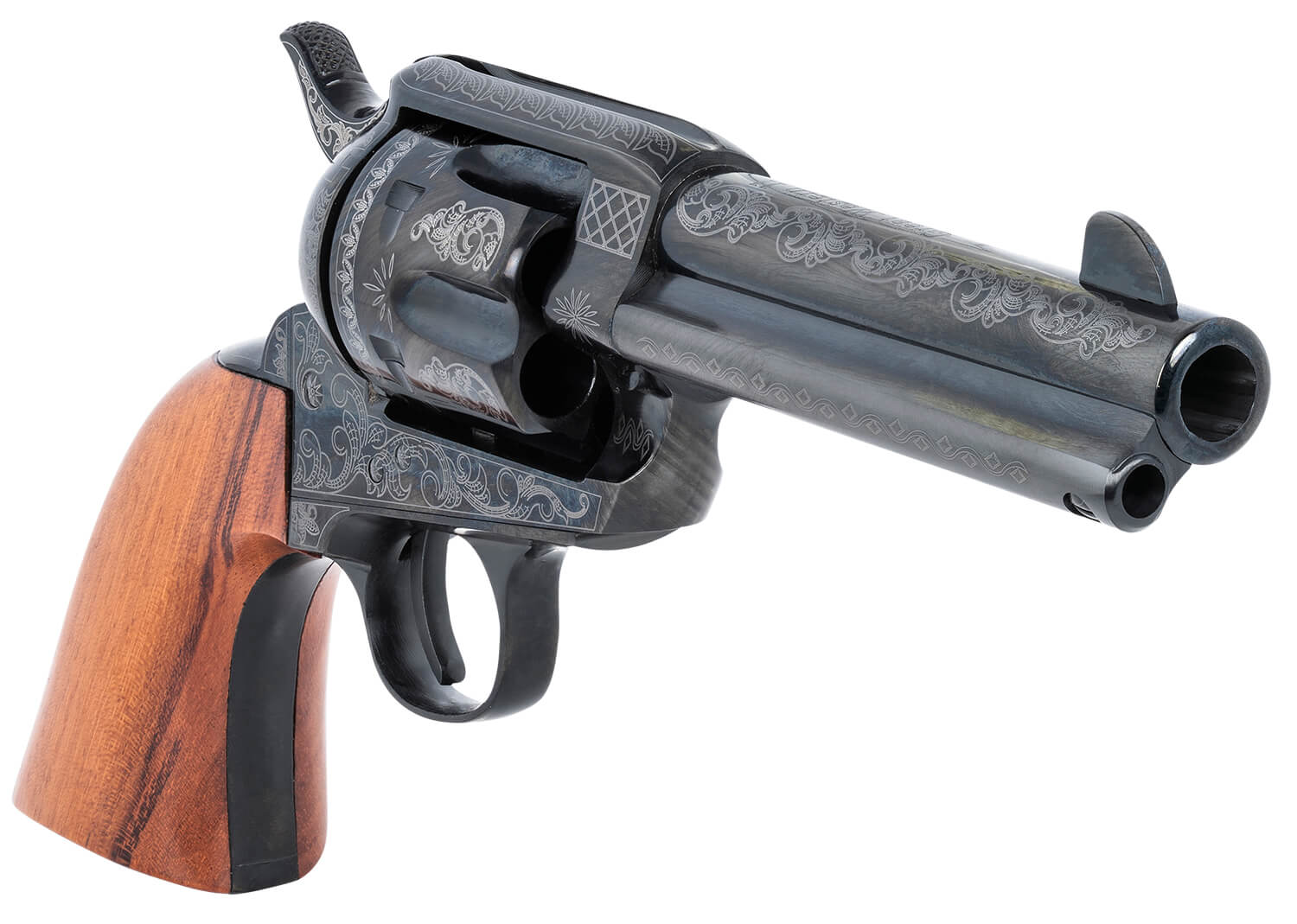 Pietta HF45LLE434NMBW 1873 Great Western II GunStuff Exclusive 45 Colt (Long Colt) 6rd 4.75" Blued Engraved Steel Barrel & Cylinder Blued Engraved Steel Frame Walnut Grip Exposed Hammer - Image 3