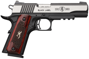 Browning 051970492 1911-380 Black Label Medallion Pro Compact 380 ACP 8+1  3.63" Target Crown Steel Barrel  Blackened w/Silver Polished Flats Serrated SS Slide  Matte Black Polymer Frame w/Picatinny Rail