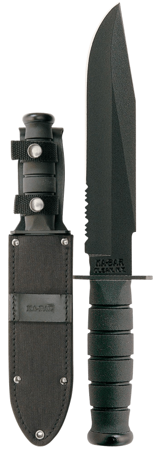 Ka-Bar 1271 Fighter 8" Fixed Clip Point Part Serrated Black 1095 Cro-Van Blade Black Kraton G Handle Includes Sheath