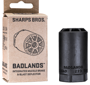 Sharps Bros BAD02 Badlands Muzzle Brake/Blast Deflector Heat Treated 17-4 Stainless Steel w/Nitride Finish 5/8"-24 tpi Threads 2.75"L 1.50"D for Multi-Caliber (.223-.354) Full-Auto Rated