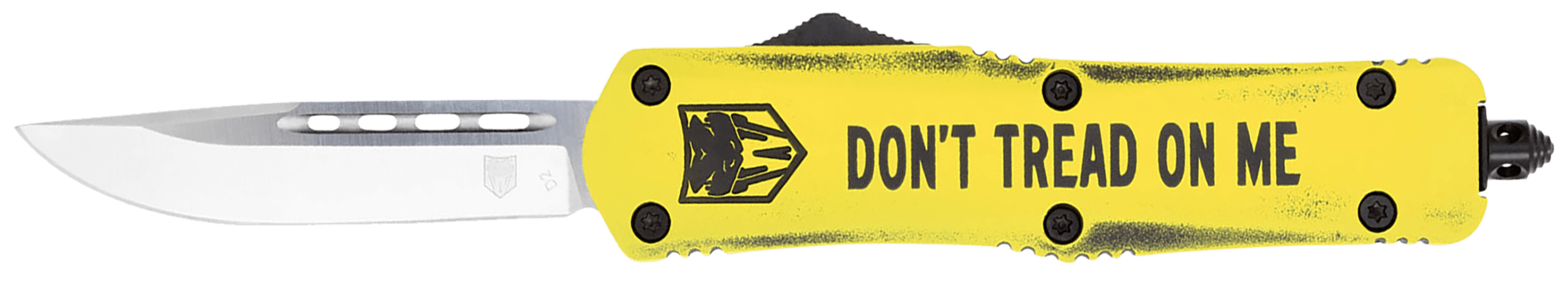 CobraTec Knives MDTOMFS3DNS FS-3 Don't Tread On Me Medium 3" OTF Drop Point Plain D2 Steel Blade Yellow w/"Don't Tread On Me" Aluminum Cerakoted Handle Features Glass Breaker Includes Pocket Clip