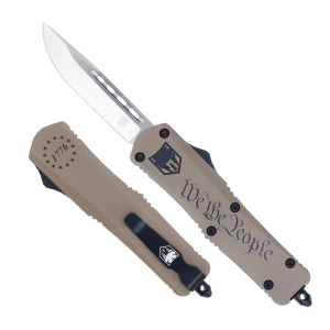 CobraTec Knives MWTPFS3DNS FS-3 We The People Medium 3" OTF Drop Point Plain D2 Steel Blade Tan w/"We The People" Aluminum Cerakoted Handle Features Glass Breaker Includes Pocket Clip