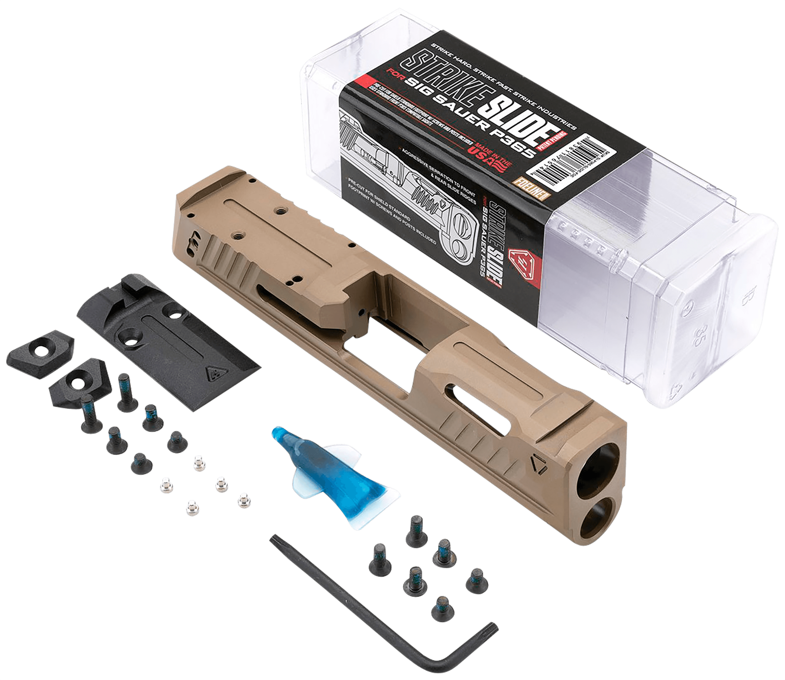 Strike Industries P365SLIDEFDE Strike Replacement Slide Flat Dark Earth Stainless Steel with Ports & Optics Cut for Sig P365 Includes Charging Handle