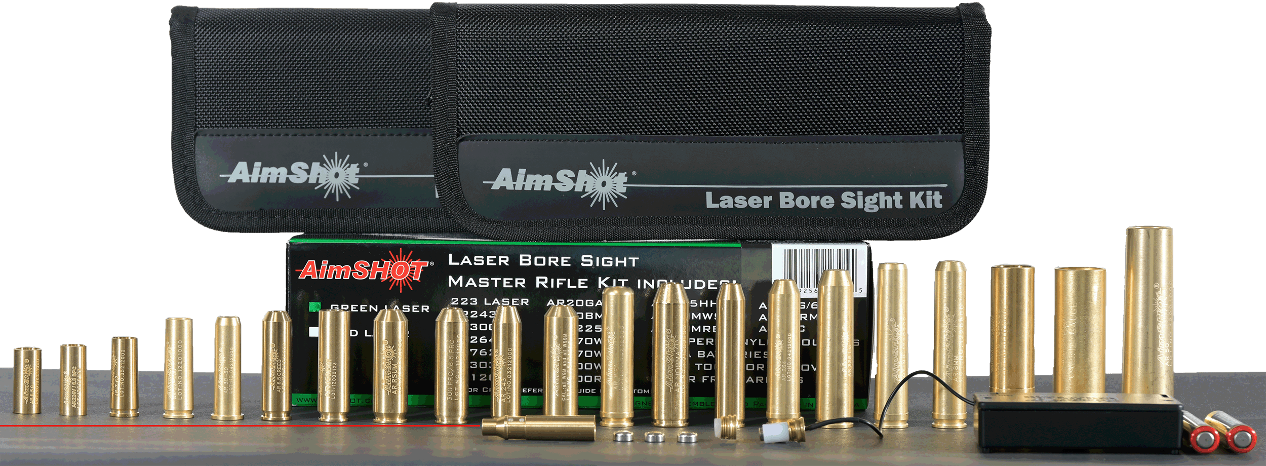 AimShot Master Kit Multi-Caliber Bore Sight with Red 650nM Laser Uses L736 Button Cell Batteries & 2 AAA Batteries for Battery Pack for Rifles (Batteries Not Included)