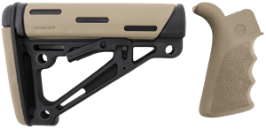 Hogue 15356 OverMolded Collapsible Buttstock made of Synthetic Material with Black Finish  Flat Dark Earth OverMolded Rubber & Includes Flat Dark Earth Rubber Finger Grooved Grip for AR-15  M16 with Mil-Spec Buffer Tube (Tube Not Included)
