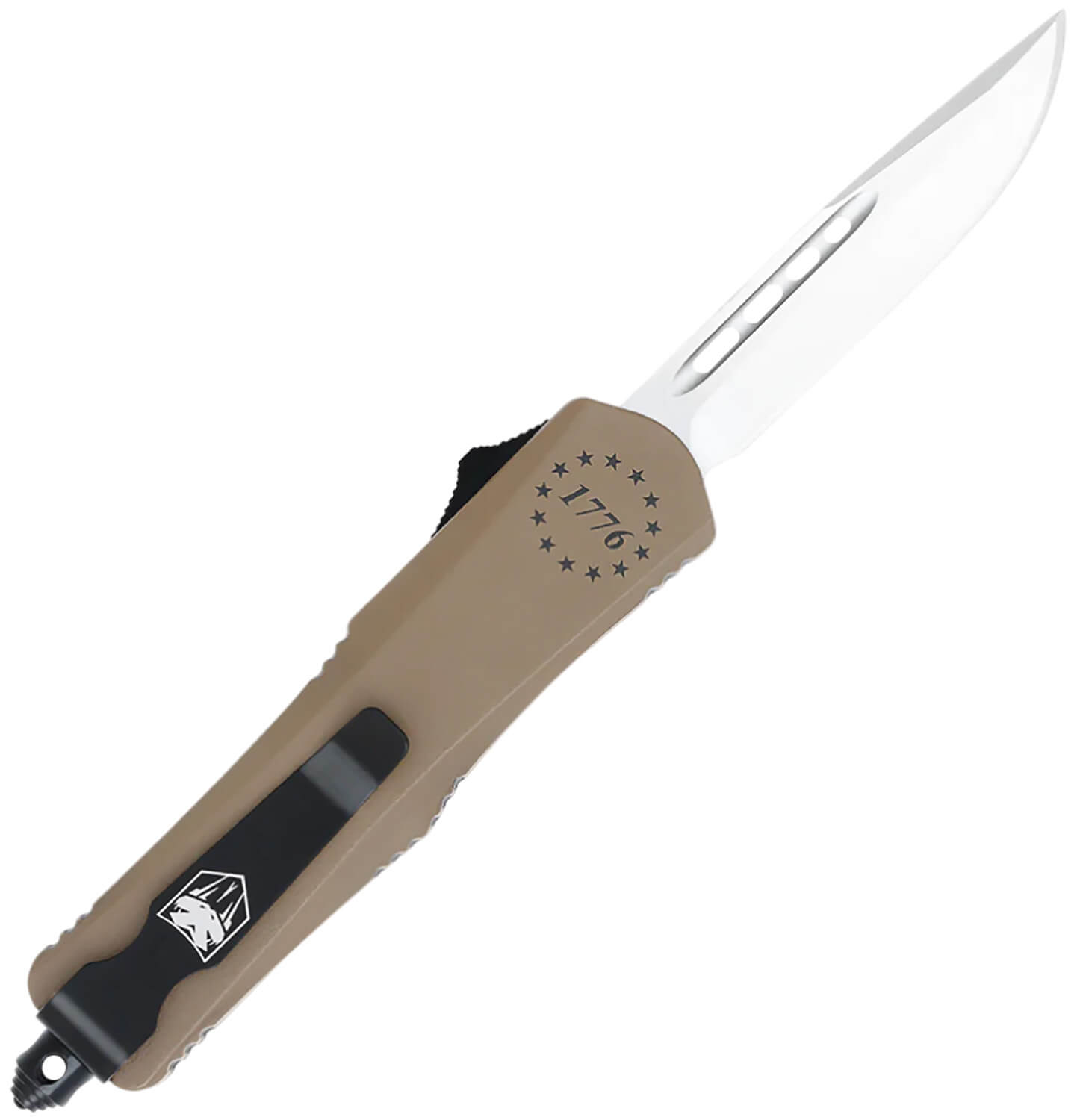 CobraTec Knives SWTPFS3DNS FS-3 We The People Small Aluminum Cerakoted OTF Drop Point Plain D2 Steel Blade Tan "We The People" Aluminum Handle Includes Glass Breaker/Pocket Clip - Image 2