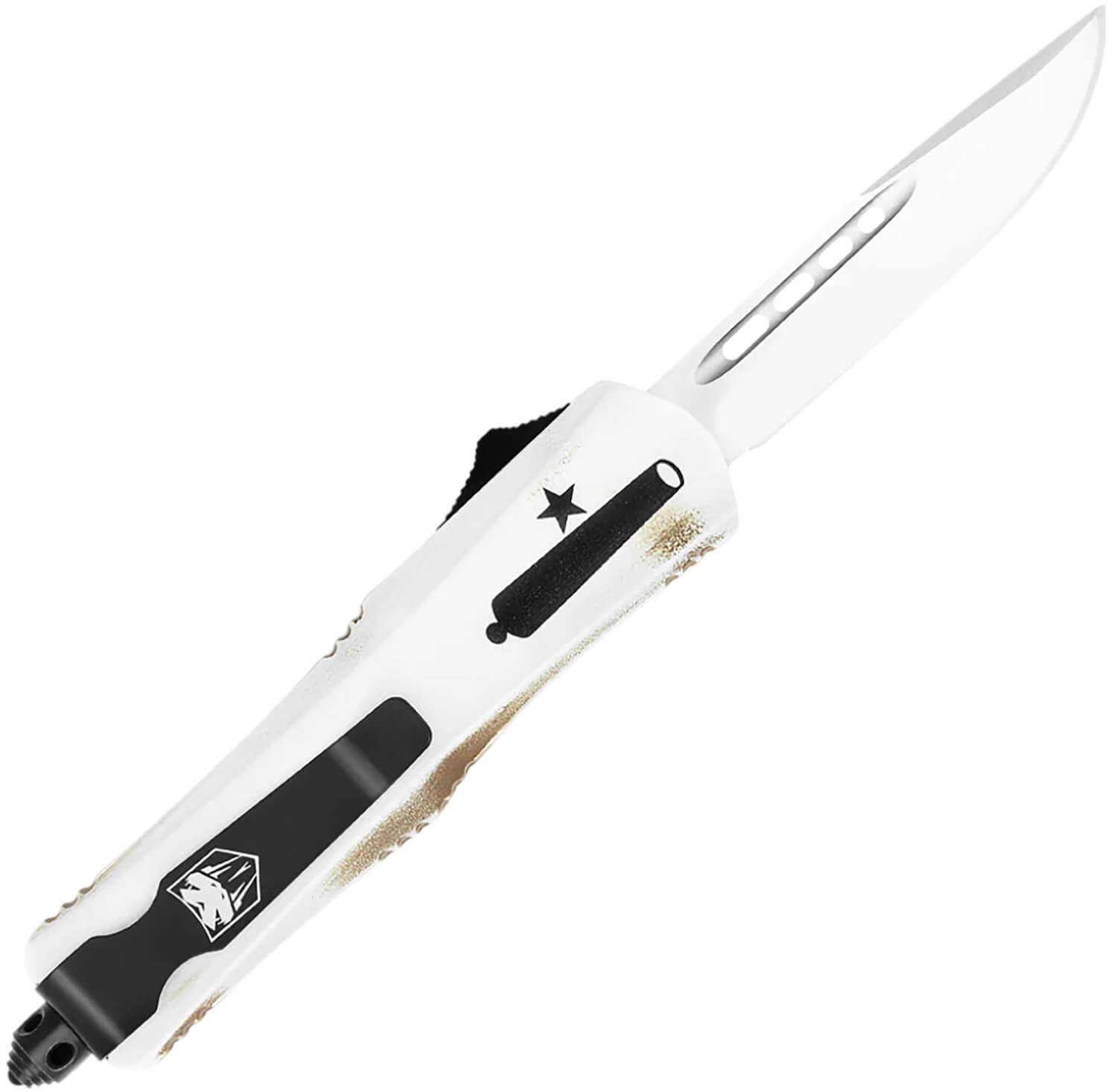 CobraTec Knives SCATIFS3DNS FS-3 Come And Take It Small 3" OTF Drop Point Plain D2 Steel Blade 4.50" White "Come And Take It" Aluminum Cerakoted Handle Includes Glass Breaker/Pocket Clip - Image 2