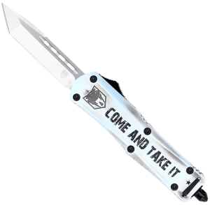 CobraTec Knives SCATIFS3TNS FS-3 Come And Take It Small 3" OTF Tanto Plain Satin D2 Steel Blade 4.50" White "Come And Take It" Aluminum Cerakoted Handle