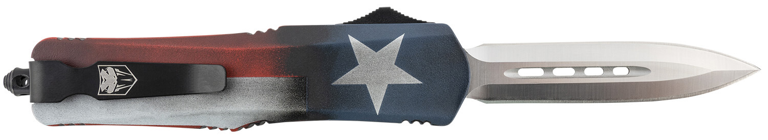 CobraTec Knives MCTXFS3DAGNS FS-3 Texas Flag Medium 3" OTF Dagger Plain Satin D2 Steel Blade 5" Texas Flag Aluminum Cerakoted Handle - Image 2