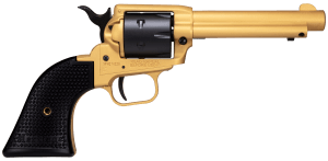 Heritage Mfg RR22S4 Rough Rider 22 LR 6 Shot 4.75" Gold Cerakote Steel Barrel Gold Cerakote Zinc Alloy Frame Black Satin Cylinder Black Polymer Grip Hammer/Thumb Safety Exposed Hammer Features Black Accents