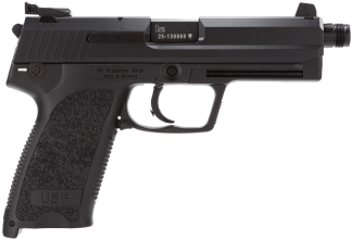 HK 81000350 USP Tactical V1 SA/DA 45 ACP Caliber with 5.09" Threaded Barrel  12+1 Capacity  Overall Black Finish  Serrated Trigger Guard Frame  Serrated Steel Slide  Polymer Grip & Decocker Safety Includes 2 Mags