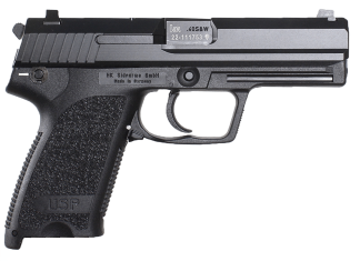 HK 81000322 USP V1 SA/DA 45 ACP Caliber with 4.41" Barrel  12+1 Capacity  Overall Black Finish  Serrated Trigger Guard Frame  Serrated Steel Slide & Polymer Grip Includes 2 Mags