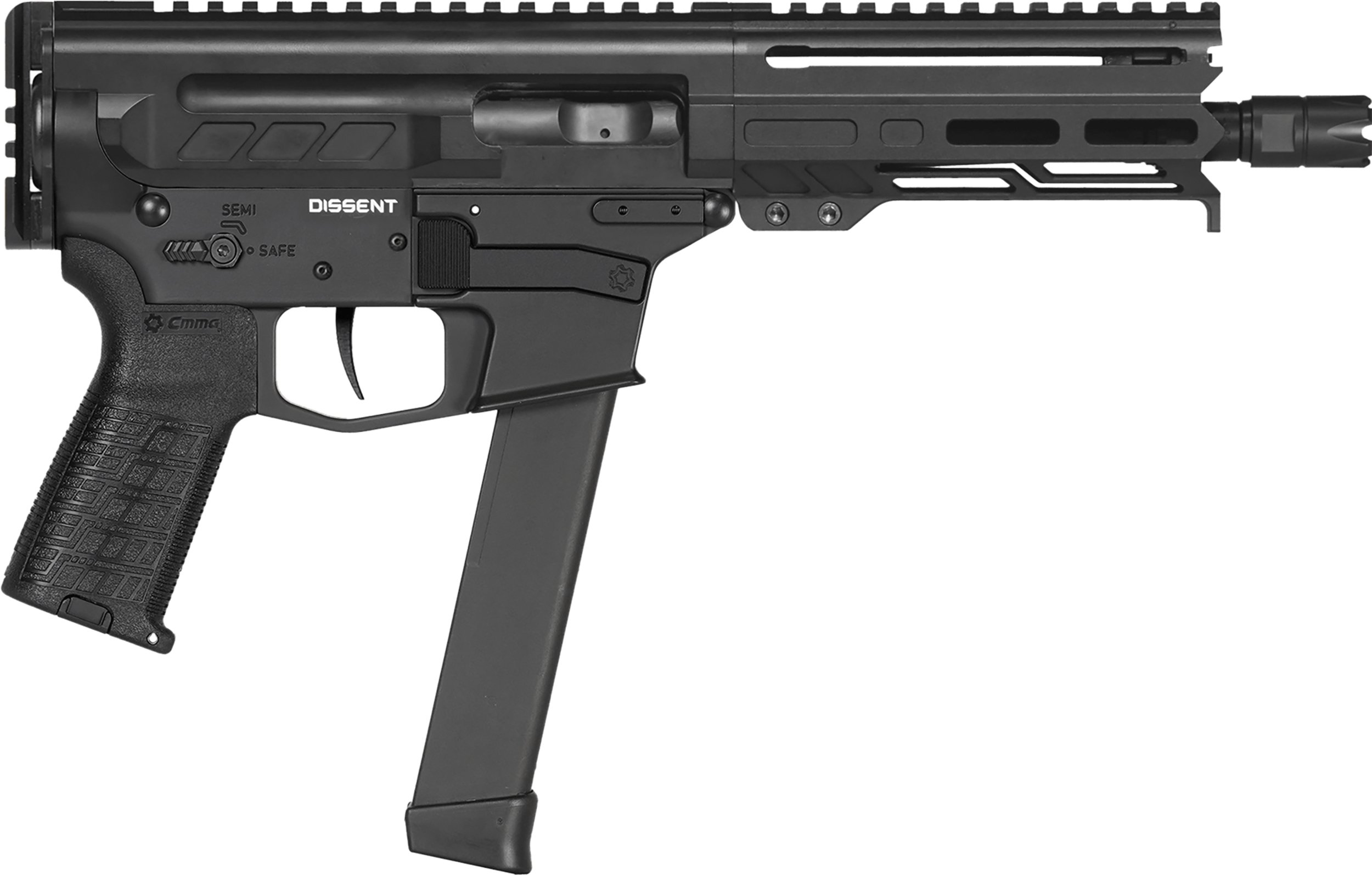 CMMG 99A68A2AB Dissent MKGS 9mm Luger 33+1 6.50" Black Picatinny Brace Adapter 5.50" M-LOK Handguard Left Side Charging Handle Zeroed Linear Comp Zeroed Drop-In Single Stage Trigger (Glock Mag Compatible)