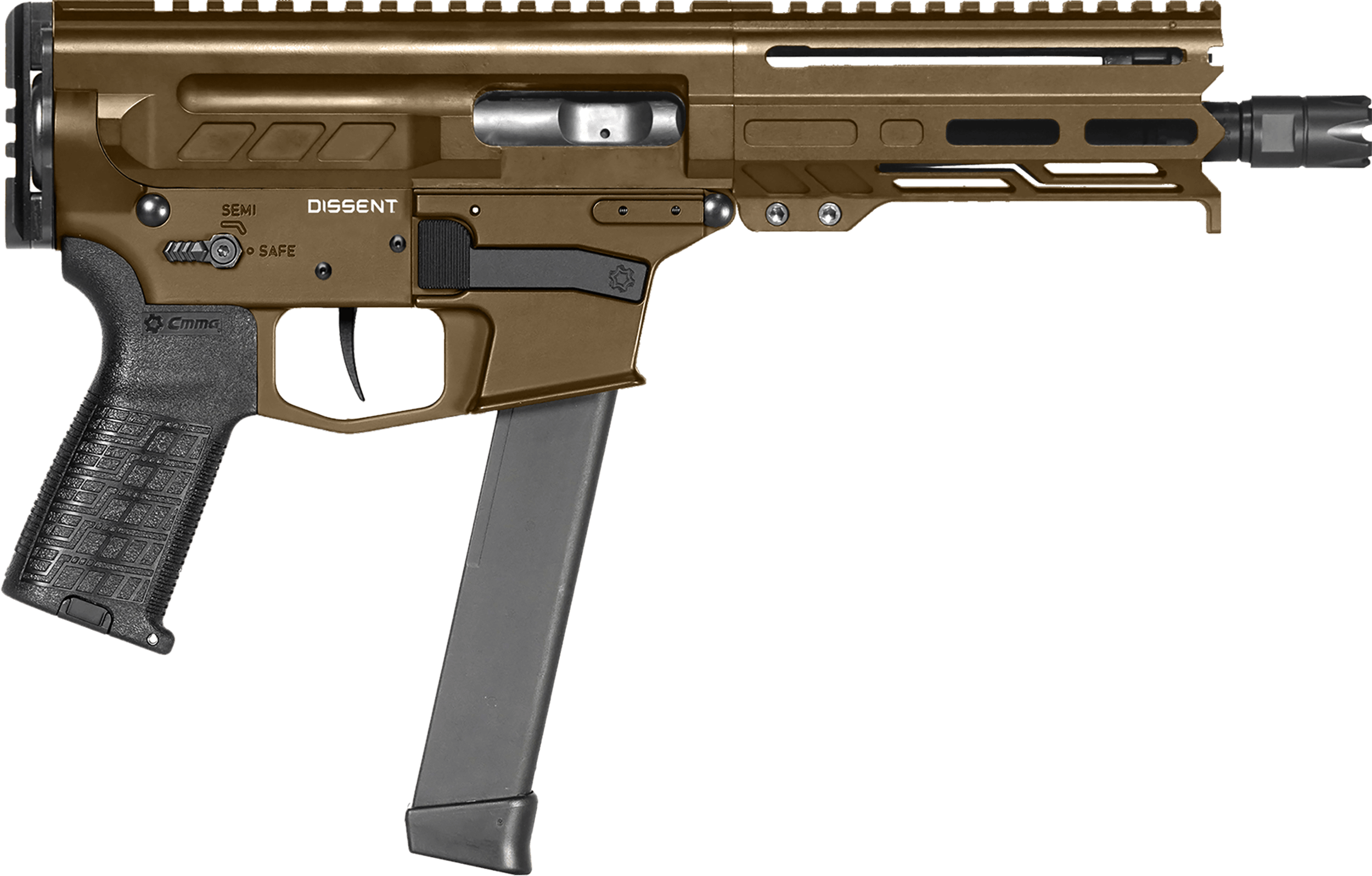 CMMG 99A68A2MB Dissent MKGS 9mm Luger 33+1 6.50" Midnight Bronze Rec Picatinny Brace Adapter 5.50" M-LOK Handguard Left Side Charging Handle Zeroed Linear Comp Zeroed Drop-In Single Stage Trigger (Glock Mag Compatible)