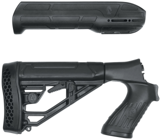ADAPTIVE TACTICAL AT02006 EX Performance Stock & Forend Black Synthetic  Adj. M4 Style Stock with Swivel Stud  Vented Rubber Butt Pad  2" Concealed Picatinny Rail on Forend  Fits Mossberg 500/590/Maverick 88
