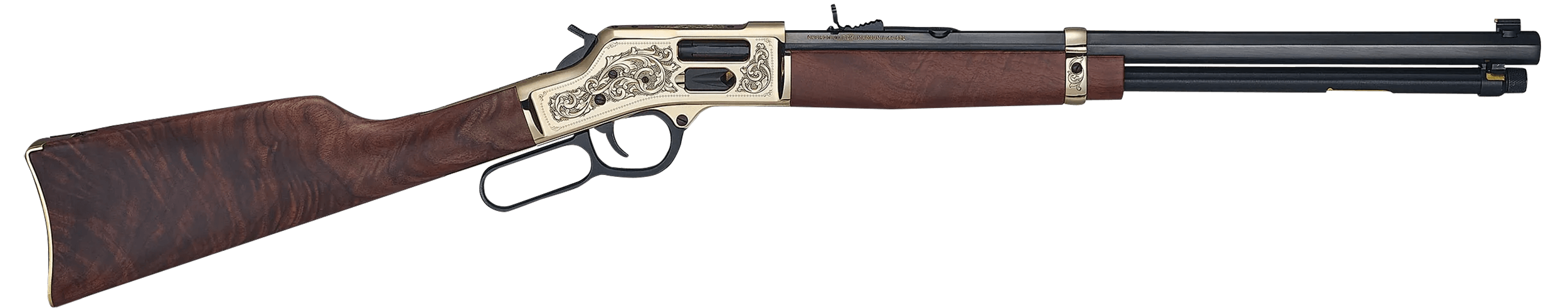 Henry H006GMD Side Gate Deluxe 357 Mag/38 Special 10+1 20" Blued Octagon Barrel Engraved Polished Brass Rec Semi-Fancy American Walnut Stock Adj. Sight