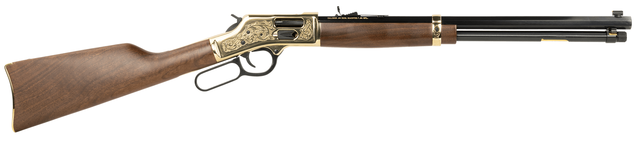 Henry H006GD Side Gate Deluxe 44 Mag/44 Special 10+1 20" Blued Octagon Barrel Engraved Polished Brass Rec Semi-Fancy American Walnut Stock Adj. Sight