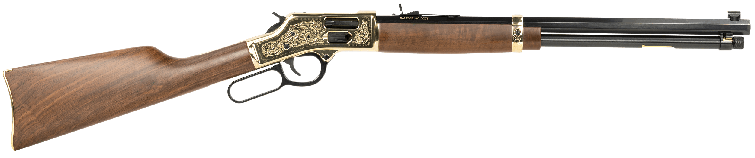Henry H006GCD Deluxe Side Gate Deluxe Full Size 45 Colt (LC) 10+1 20" Blued Octagon Barrel Polished Brass Engraved Drilled & Tapped Receiver American Walnut Fixed Wood Stock Ambidextrous