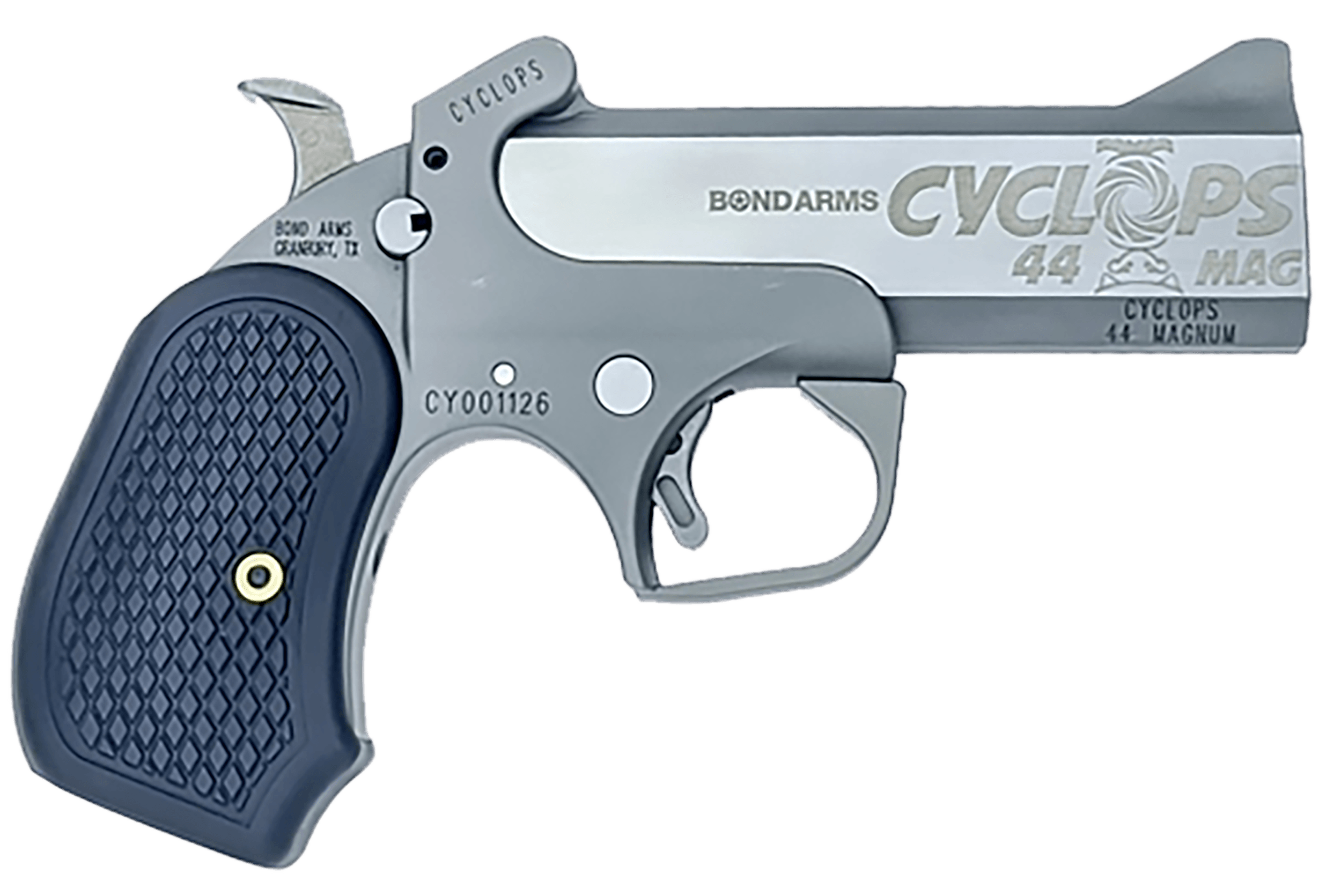 Bond Arms BACY Cyclops Big Bore 44 Mag 1rd 4.25" Matte Stainless Steel w/Engraved Barrel Matte Stainless Steel Frame Black Extended B6 Resin Grip