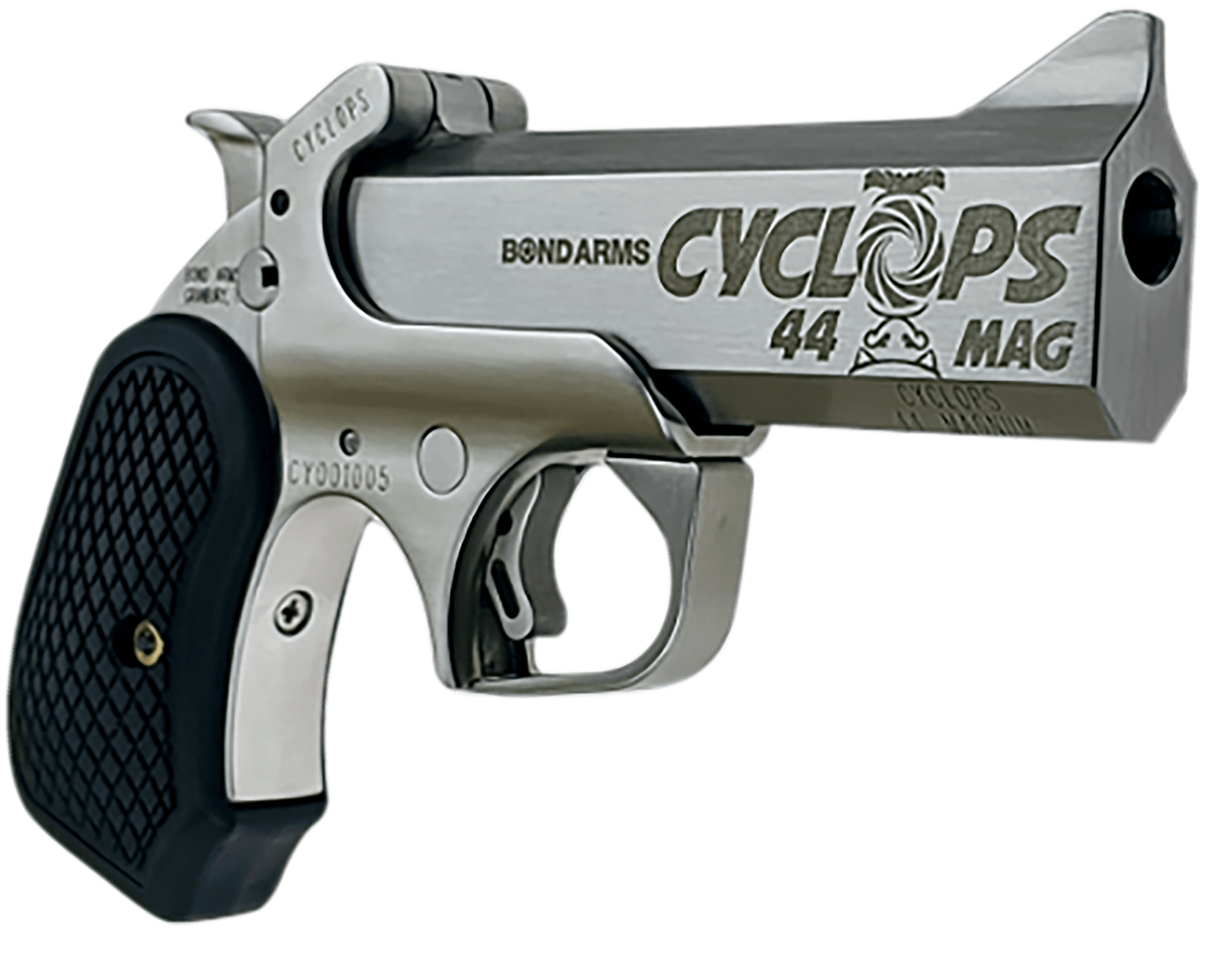 Bond Arms BACYP Cyclops Big Bore 44 Mag 1rd 4.25" Stainless Steel w/Engraved Barrel Matte Stainless Frame Black Extended B6 Resin Grip