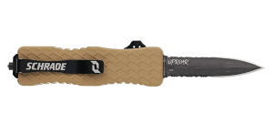 Schrade 1159305 Uproar Automatic 3" OTF Dagger Part Serrated Black Oxide D2 Steel Blade Flat Dark Earth Textured Aluminum Handle