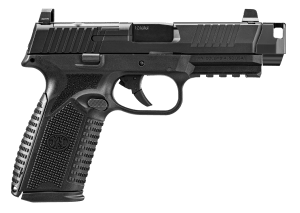 FN 66102128 510 MRD Compensated 10mm Auto 10+1 4.43" Black Threaded Barrel  Black PVD Optic Ready/Serrated Stainless Steel Slide  Black Polymer Frame w/Picatinny Rail  Interchangeable Backstrap Grip  Ambidextrous