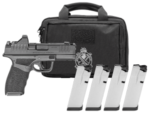Springfield Armory HCP9379BOSP15COMPAC Hellcat Pro Comp OSP Gear Pac 9mm Luger 15+1 3.70" Black Melonite Barrel & Steel Integrated Compensator/Optic Ready/Serrated Slide  Black Polymer Frame w/Picatinny Rail  Textured Grip  Viridian RFX-11 Green Dot