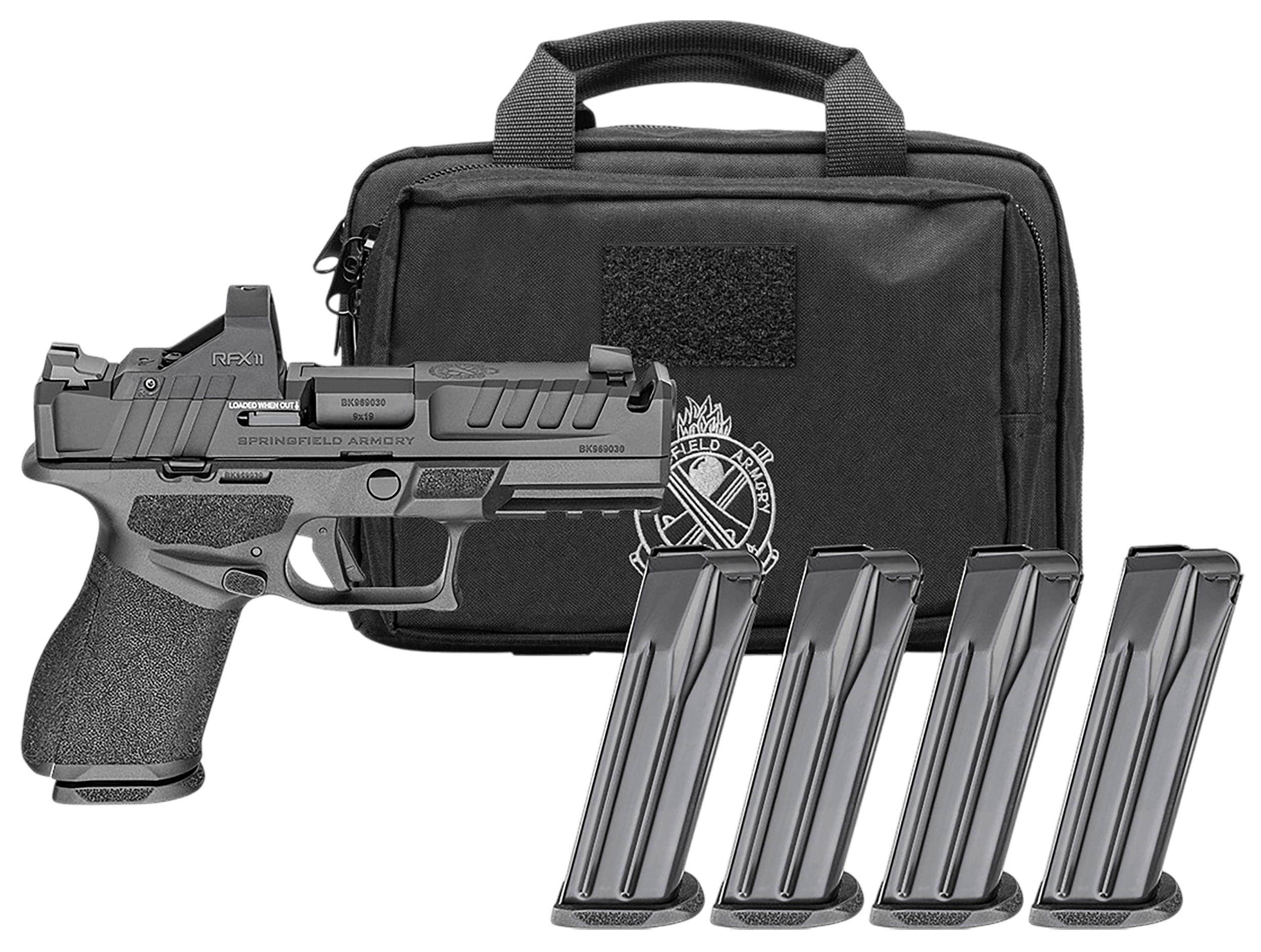 Springfield Armory EC9409BCOMPPAC Echelon Gear Pac Compact Frame 9mm Luger 18+1 4" Black Melonite Ported Barrel & Steel Integrated Compensator/Optic Ready/Serrated Slide Black Polymer Frame w/Picatinny Rail Textured Grip Viridian RFX-11 Green Dot Ambi