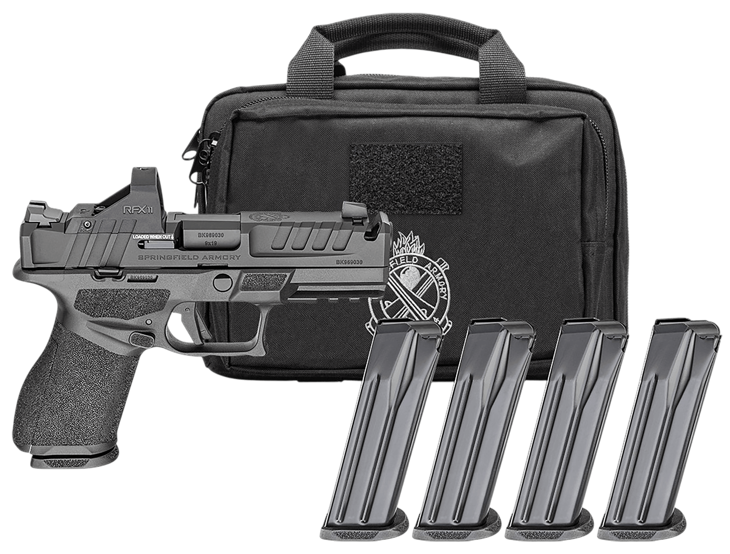 Springfield Armory EC9409BCOMP15PAC Echelon Comp Gear Pac 9mm Luger 15+1 4" Black Melonite Ported Barrel & Steel Integrated Compensator/Optic Ready/Serrated Slide Black Polymer Frame w/Picatinny Rail Textured Grip Viridian RFX-11 Green Dot Ambi