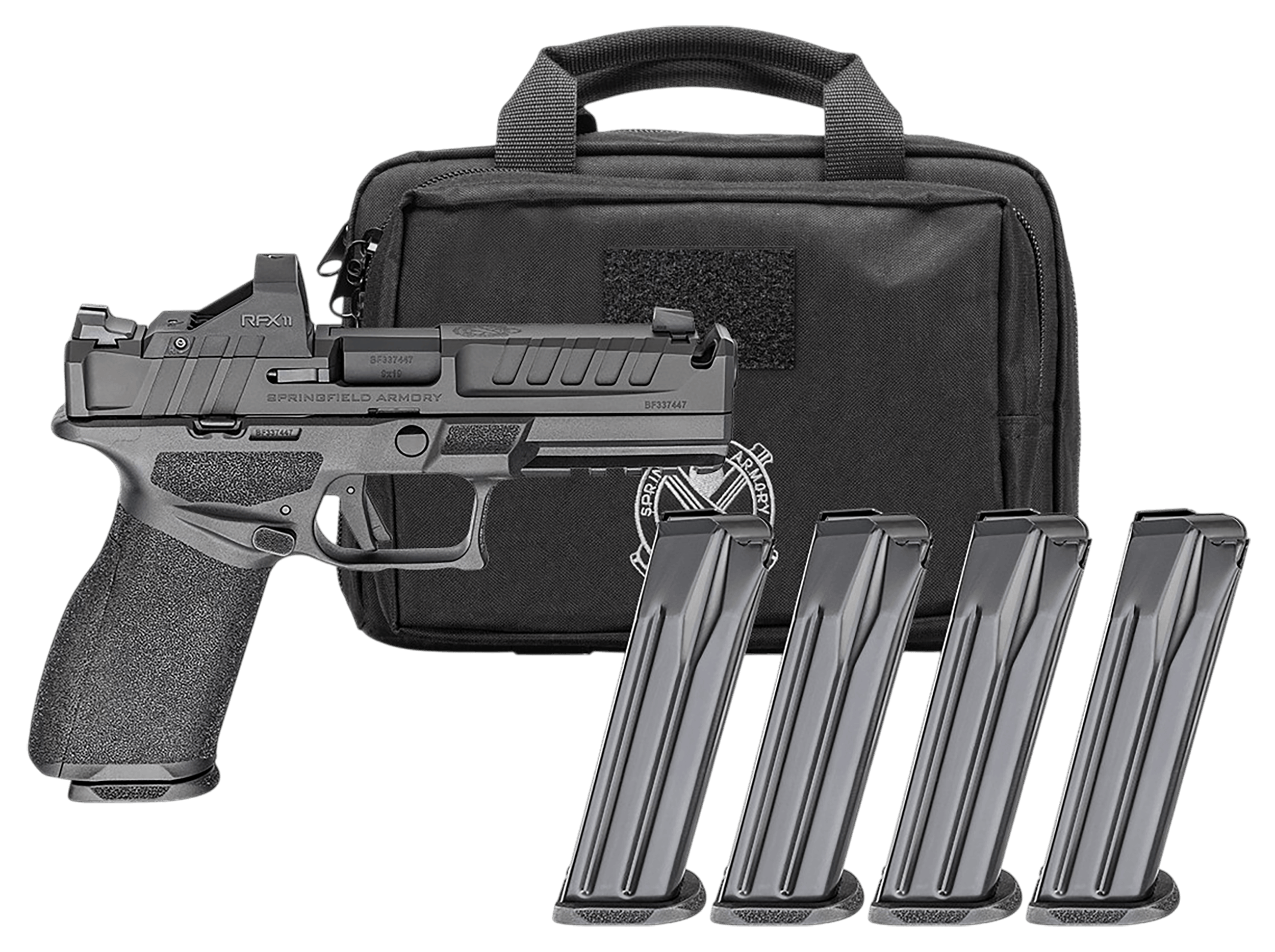 Springfield Armory EC9459BCOMPPAC Echelon Comp Gear Pac 9mm Luger 20+1 4.50" Black Melonite Ported Barrel & Carbon Steel Integrated Compensator/Optic Ready/Serrated Slide Black Polymer Frame w/Picatinny Rail Textured Grip Viridian RFX-11 Green Dot