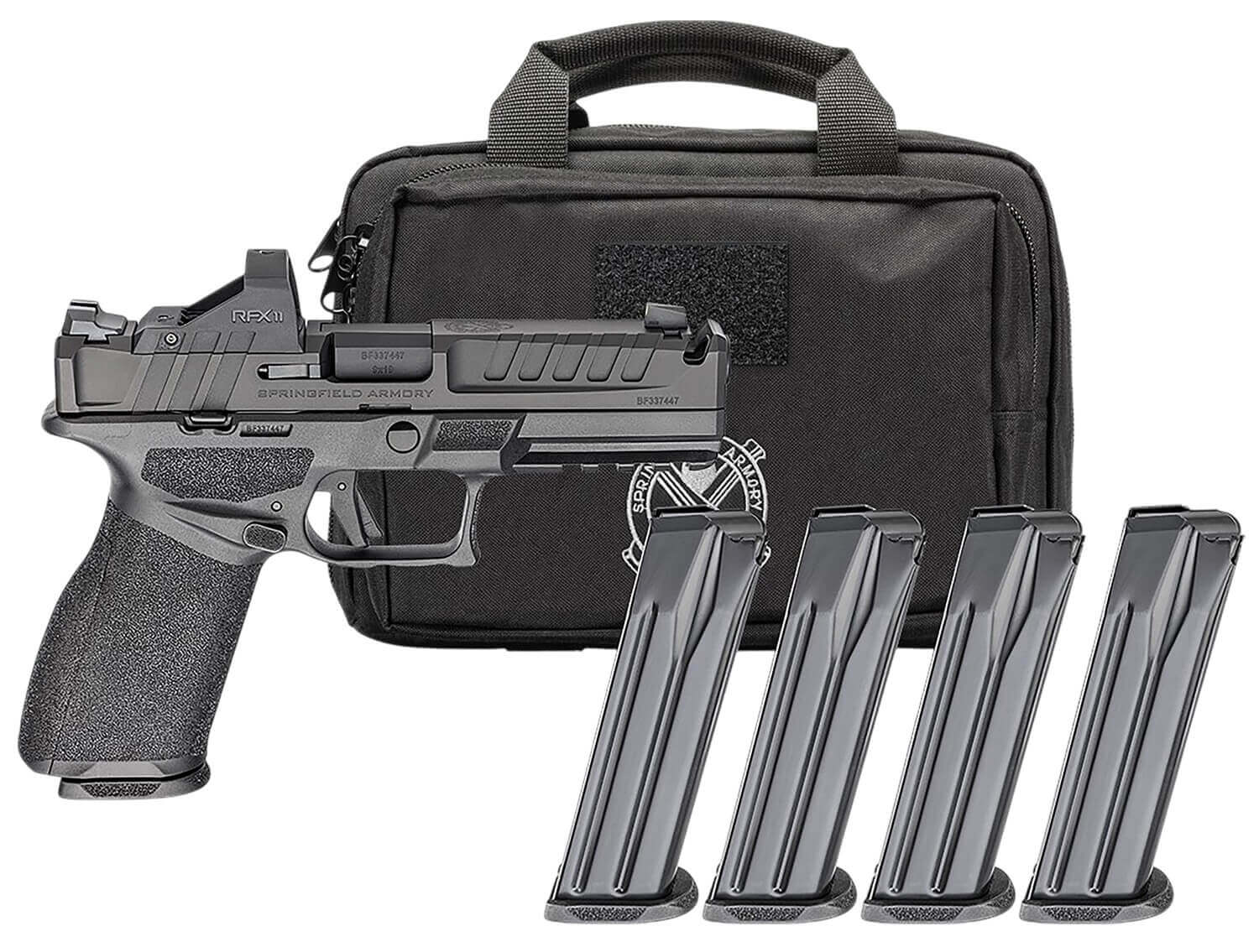 Springfield Armory EC9459BCACOMPPAC Echelon Comp Gear Pac *CA Compliant 9mm Luger 10+1 4.50" Black Melonite Ported Barrel & Steel Integrated Compensator/Optic Ready/Serrated Slide Black Polymer Frame w/Picatinny Rail Viridian RFX-11 Green Dot - Image 2
