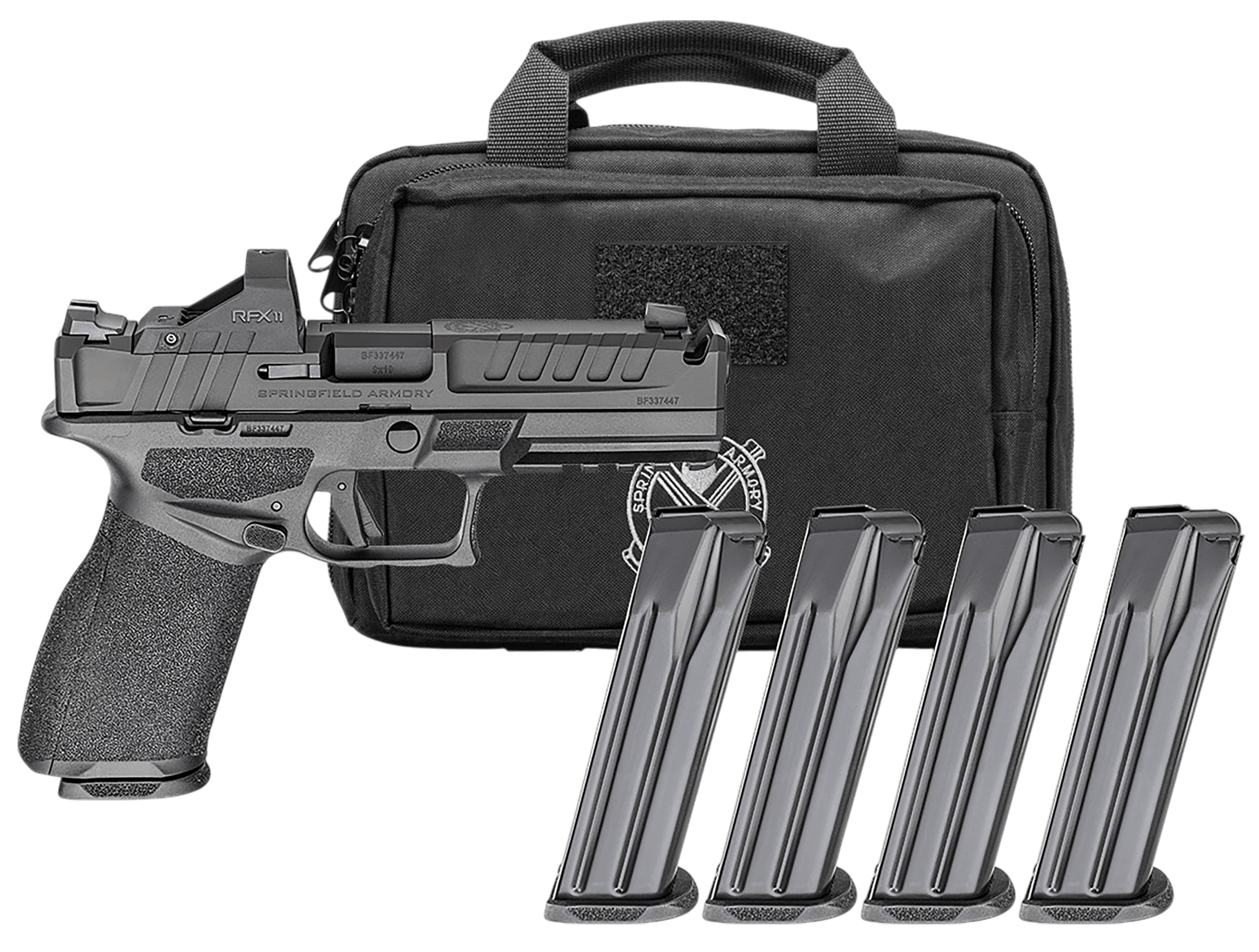 Springfield Armory EC9459BCACOMPPAC Echelon Comp Gear Pac *CA Compliant 9mm Luger 10+1 4.50" Black Melonite Ported Barrel & Steel Integrated Compensator/Optic Ready/Serrated Slide Black Polymer Frame w/Picatinny Rail Viridian RFX-11 Green Dot