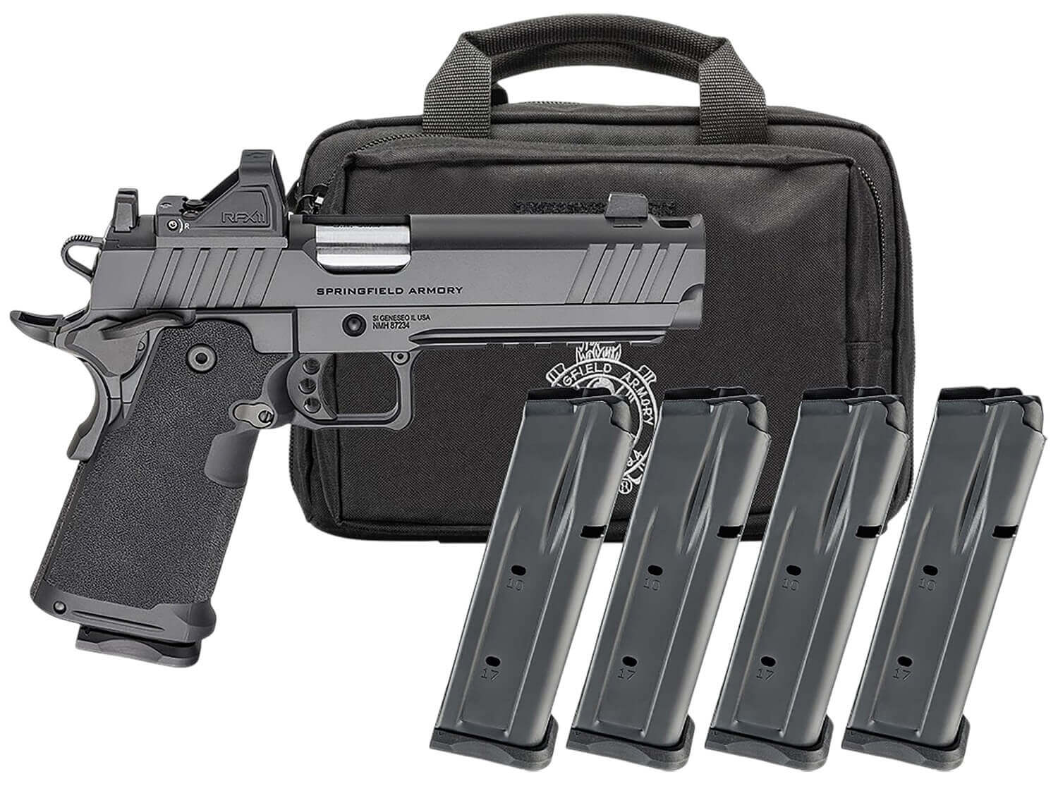 Springfield Armory PH9119AOSLCCOMPPAC 1911 DS Prodigy Gear Pac 9mm Luger 10+1 5" Match Grade Bull Barrel Black Cerakote Carbon Steel Integrated Compensator/Optic Ready/Serrated Slide Black Cerakote Steel Frame w/Picatinny Rail Viridian RFX-11 Green Dot - Image 2