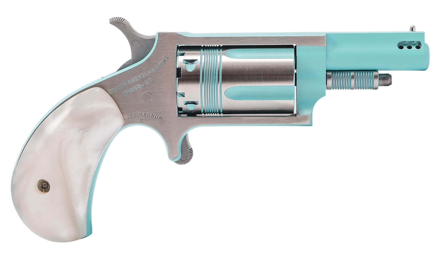 North American Arms 22MPB Iris undefined 22 Mag 5 Shot 1.63" Turquoise Cerakote Ported Barre Matte Stainless Steel Frame Stainless/Turquoise Cylinder Faux White Pearl Grip Exposed Hammer - Image 3