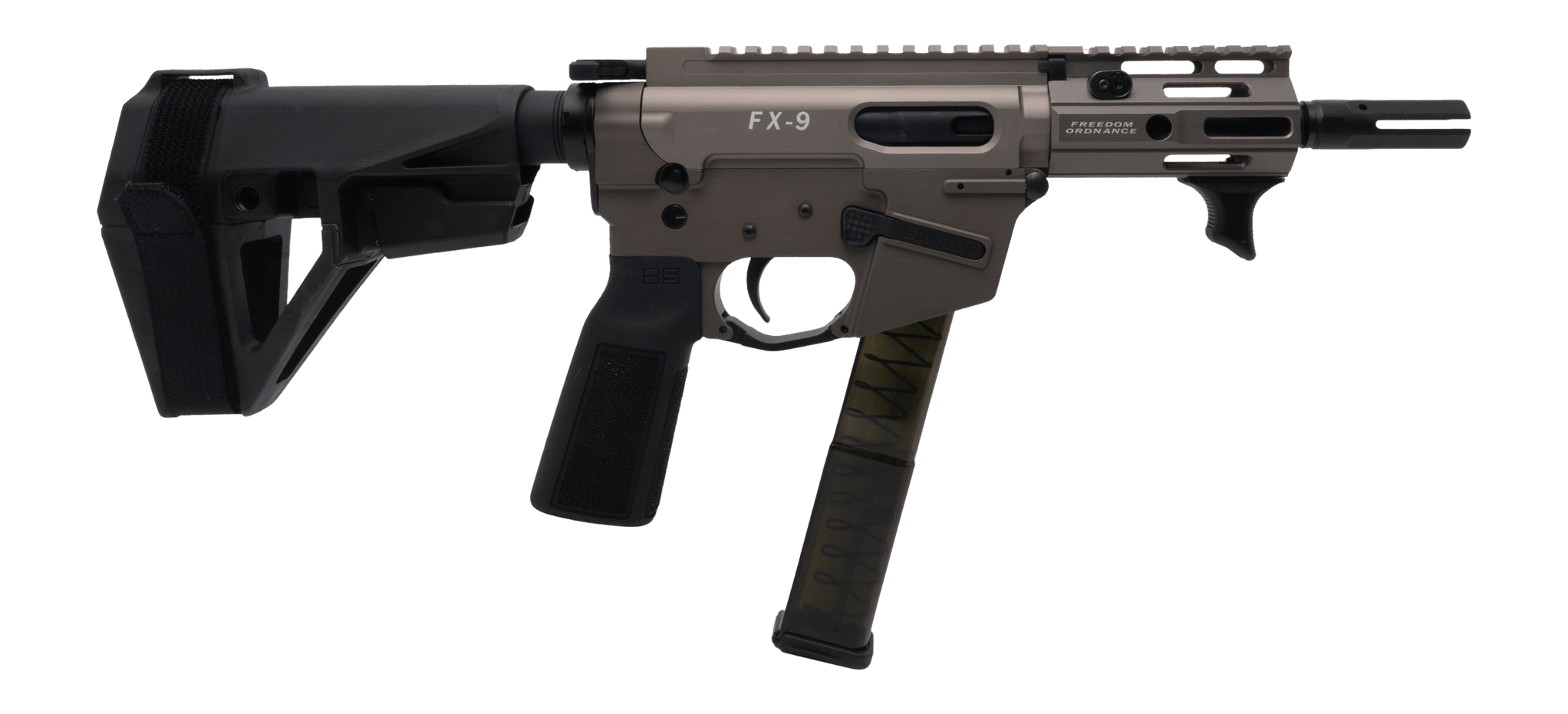 Freedom Ordance FX9P4E-FDE FX9P Elite 9mm Luger 4" Black Nitride Threaded Barrel Flat Dark Earth Anodized Aluminum Receiver w/Picatinny Rail M-LOK Handguard Black Polymer SB Tactical SBA5 Brace Black Polymer Grip