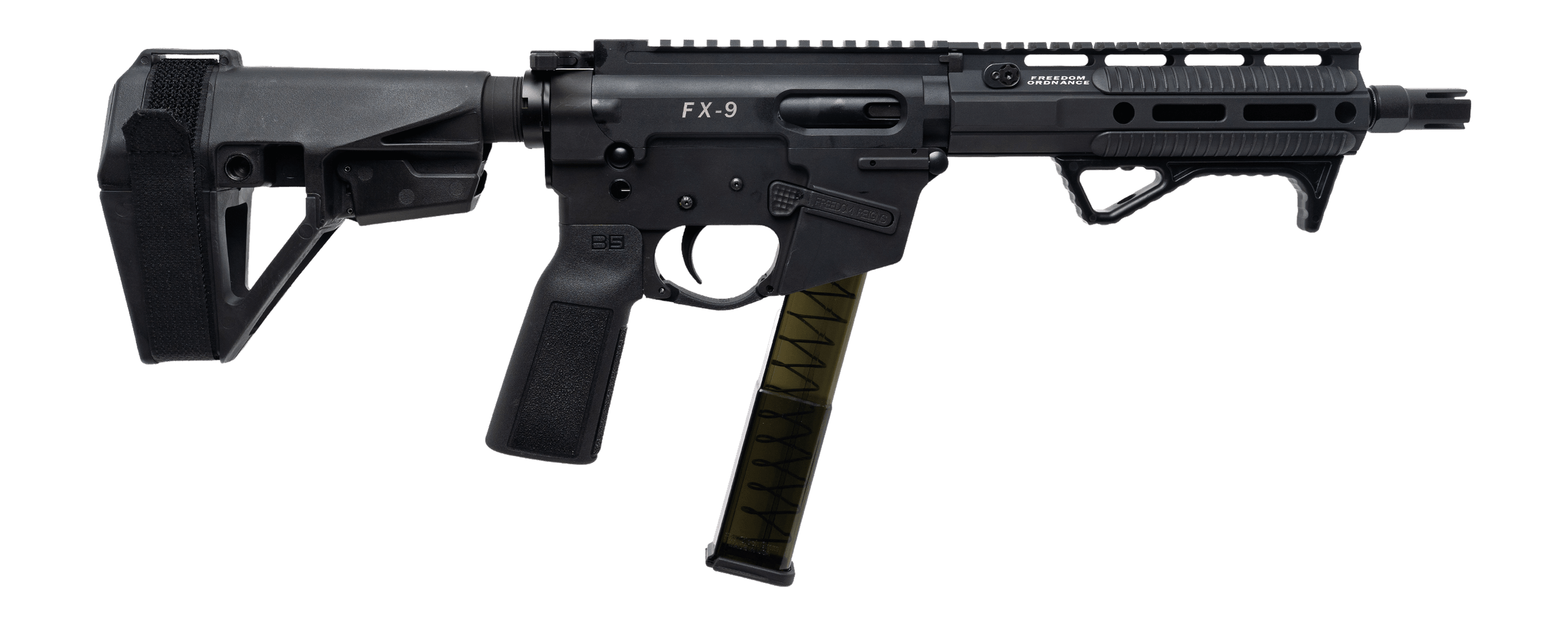 Freedom Ordance FX9P8E-BLK FX9P Elite 9mm Luger 8" Black Nitride Threaded Barrel Black Anodized Aluminum Receiver w/Picatinny Rail M-LOK Handguard Black Polymer SB Tactical SBA5 Brace Black Polymer Grip