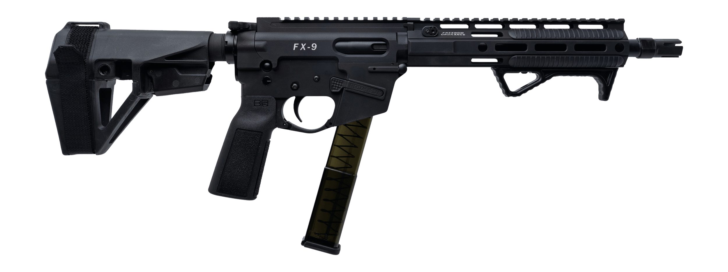 Freedom Ordance FX9P10E-BLK FX9P Elite 9mm Luger 10" Black Nitride Threaded Barrel Black Anodized Aluminum Receiver w/Picatinny Rail M-LOK Handguard Black Polymer SB Tactical SBA5 Brace Black Polymer Grip